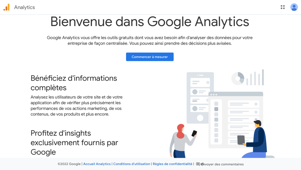 Page de bienvenue Google analytics