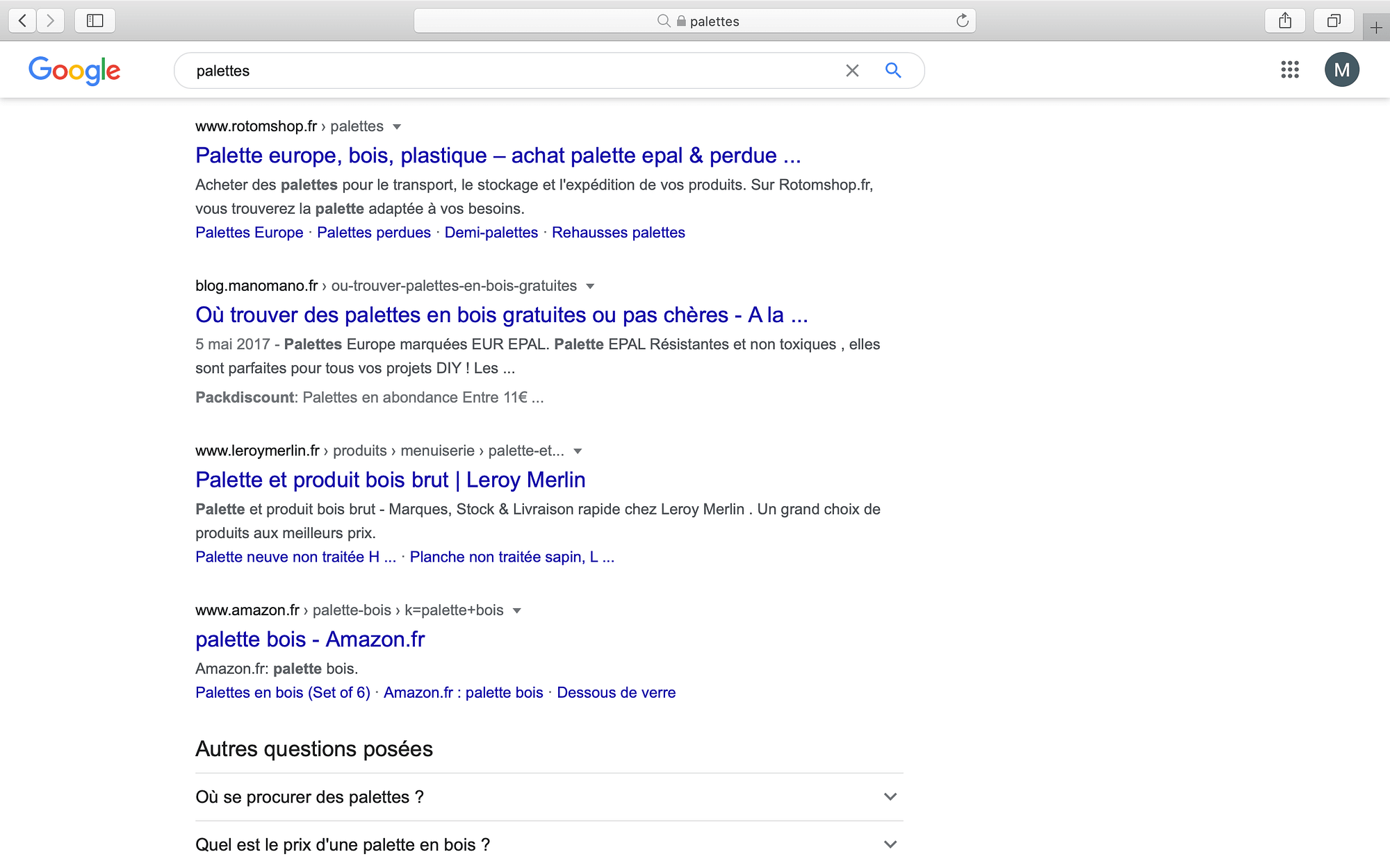 Cocon sémantique et maillage interne - exemple de la requête palettes 2/2